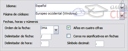 Opciones de formato: Idioma, página de códigos, fechas, horas y números