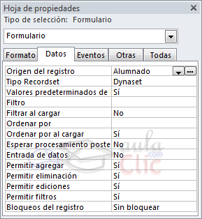 Propiedades de formulario - Pestaña Datos