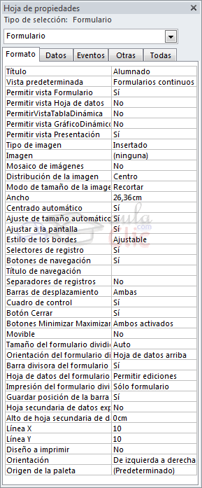 Propiedades de formulario - Pestaña formato