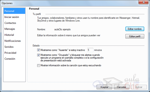 Opciones personales