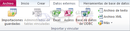 Pesta&ntilde;a Datos externos > grupo Importar y vincular > Opciones: Importaciones guardadas, Excel, Access, Bases de datos de ODBC, Archivo de texto, Archivo XML, M&aacute;s y Administrador de tablas vinculadas (inactivo)
