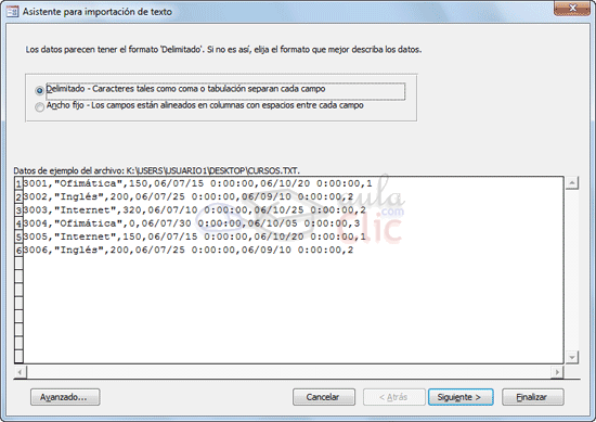 Asistente para importaci&oacute;n de texto - Elegir si es ancho fijo o est&aacute; delimitado