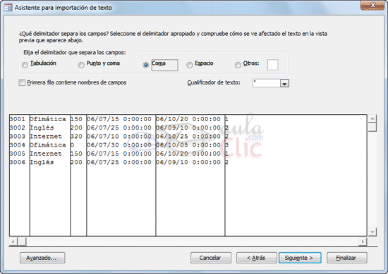 Ventana Especificaci&oacute;n de importaci&oacute;n