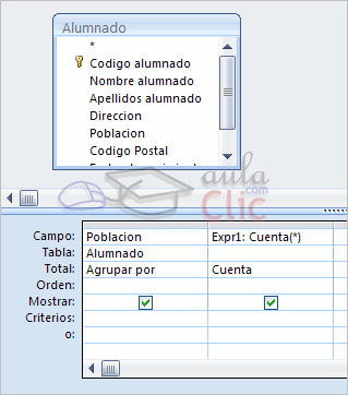 Poblaci&oacute;n con total "Agrupar por" y campo con Expr1:Cuenta(*), cuyo total es Cuenta