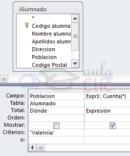 Poblaci&oacute;n con Criterios "Valencia" y  Total "D&oacute;nde" y campo Expr1: Cuenta(*) con total Expresi&oacute;n