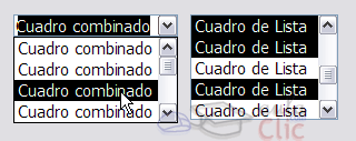 Ejemplo de cuadro combinado y cuadro de lista (el primero se despliega y el segundo ya muestra las opciones desde el principio)