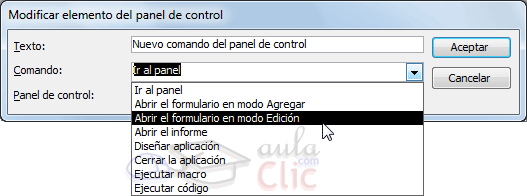 Ventana Modificar elemento del panel de control - Nuevo control para abrir formulario en modo edici&oacute;n
