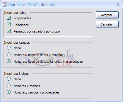 Ventana Imprimir definici&oacute;n de tabla