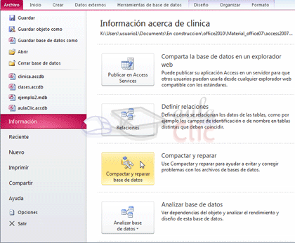 Opci&oacute;n Archivo > Informaci&oacute;n > Compactar y reparar base de datos