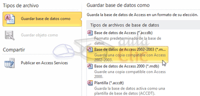 Opci&oacute;n Base de datos Access 2002-2003 y 2000