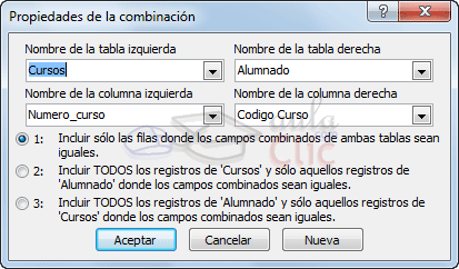 Propiedades de la combinaci&oacute;n de dos tablas - Opci&oacute;n 1: Incluir solo las filas donde los campos combinados de ambas tablas sean iguales
