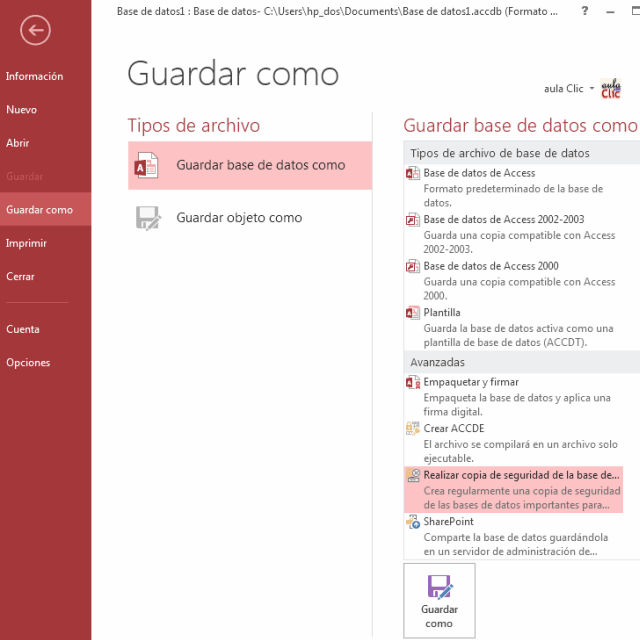Opci&oacute;n Archivo > Compartir > Guardar base de datos como > Copia de seguridad de la base de datos