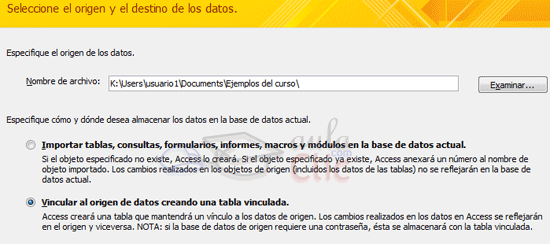 Ventana Obtener datos externos: Opci&oacute;n vincular activa