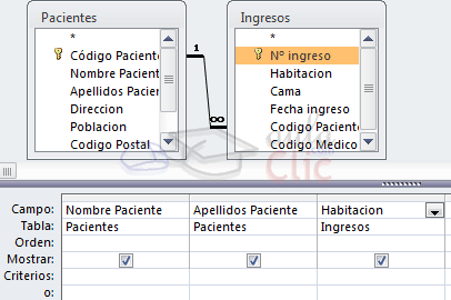 Consulta en vista dise&ntilde;o de las tablas pacientes e ingresos relacionadas