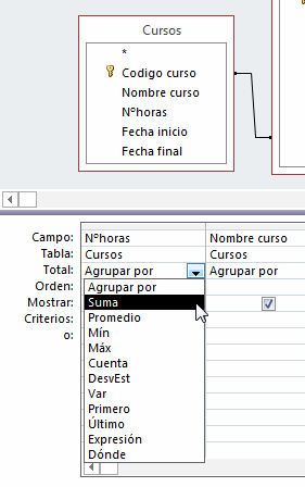 El Total del campo permite Agrupar por: Suma, promedio, min, max, cuenta, desvest, var, primero, &uacute;ltimo, expresi&oacute;n y  d&oacute;nde