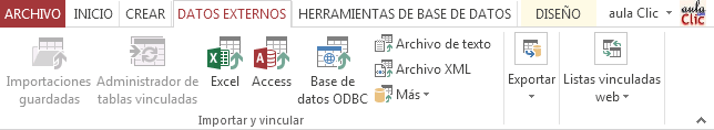 Pesta&ntilde;a Datos externos > grupo Importar y vincular > Opciones: Importaciones guardadas, Excel, Access, Bases de datos de ODBC, Archivo de texto, Archivo XML, M&aacute;s y Administrador de tablas vinculadas (inactivo)