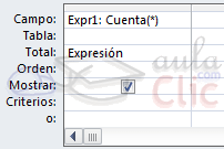 Consulta en cuyo campo encontramos la expresión: Expr1: Cuenta(*)