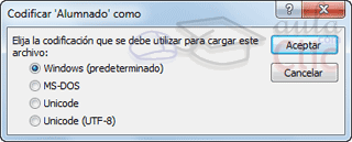 Cuadro de di&aacute;logo Codificar Tabla como: Windows (predeterminado), MS-DOS, Unicode, Unicode (UTF-8)