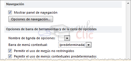 Navegaci&oacute;n y Opciones de barras de herramientas y de cintas de opciones disponibles