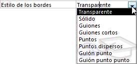 Propiedad Estilo de los bordes - Transparente, s&oacute;lido, guiones, guiones cortos, puntos, puntos dispersos, gui&oacute;n punto, gui&oacute;n punto punto