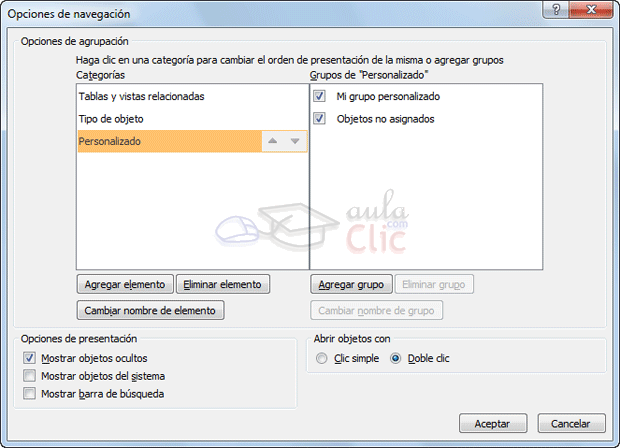 Ventana Opciones de navegaci&oacute;n - Personalizado