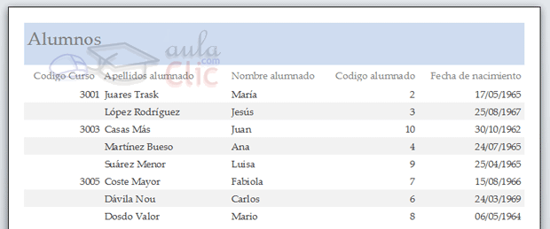 Ejemplo del resultado del informe en Vista preliminar