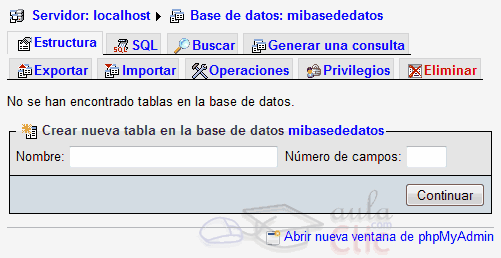 Detalle de Base de datos en phpMyAdmin