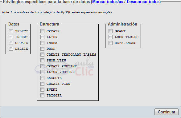 Privilegios sobre una base de datos en phpMyAdmin