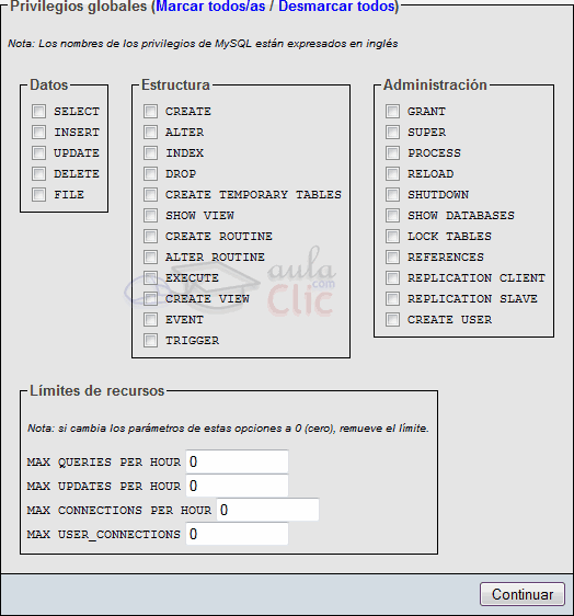 Privilegios Globales en phpMyAdmin