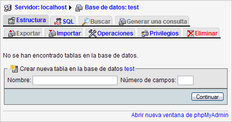 Detalle de Base de datos en phpMyAdmin