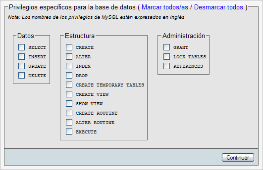 Privilegios sobre una base de datos en phpMyAdmin