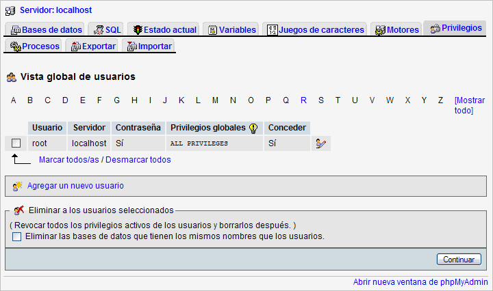 Privilegios en phpMyAdmin