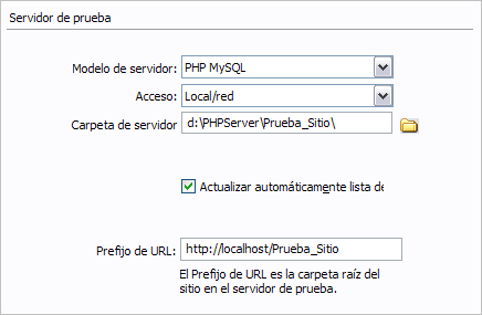 Opciones Servidor de prueba
