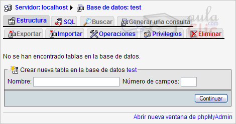 Detalle de Base de datos en phpMyAdmin