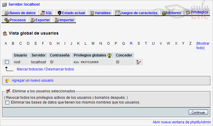 Privilegios en phpMyAdmin