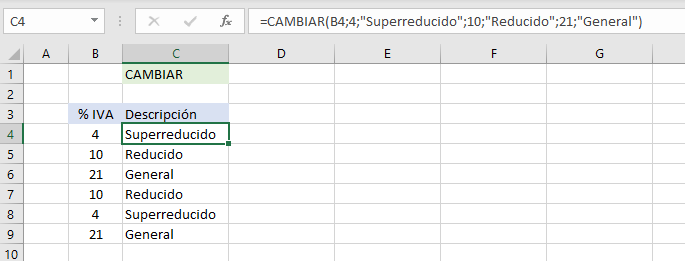 Funci&oacute;n Cambiar en Excel