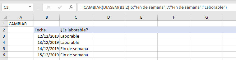 Funci&oacute;n cambiar en Excel 2019