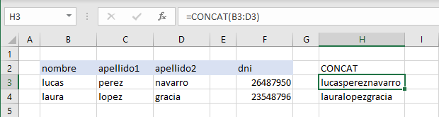 Funci&oacute;n concat en Excel