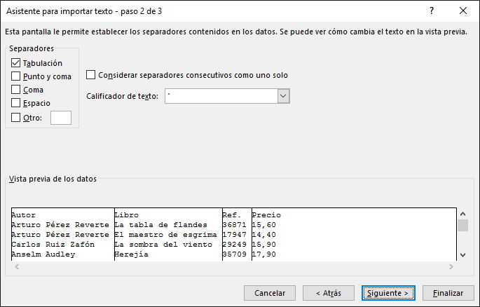 asistente importar datos paso 2