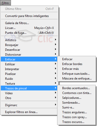 Listado de filtros en el men&uacute; Filtros