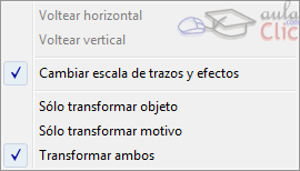 Men&uacute; de propiedades del panel transformar