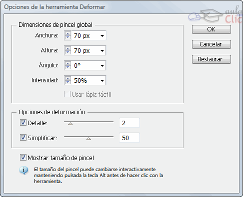 Opciones de la herramienta Deformar