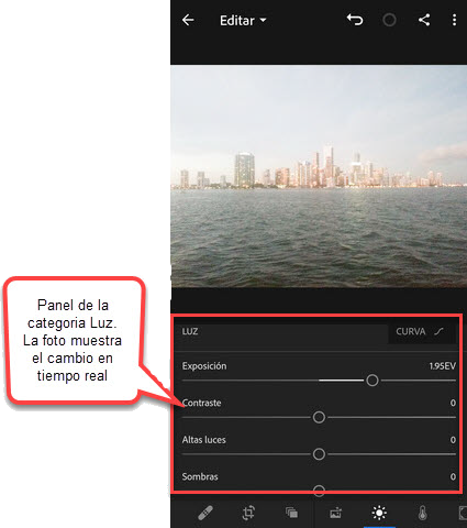 Panel categoría Luz de Lightroom móvil