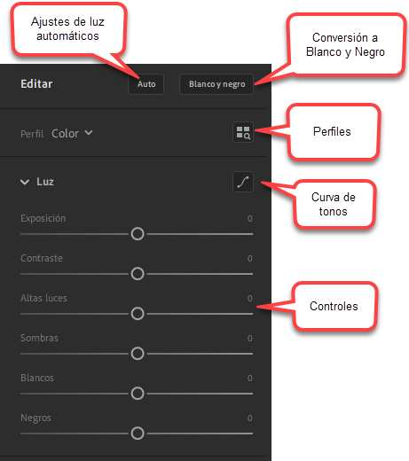 Panel Editar, Categor&iacute;a Luz