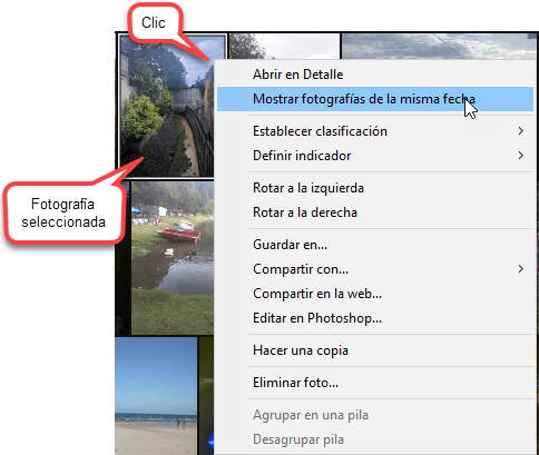 Menú contextual de búsqueda por fecha