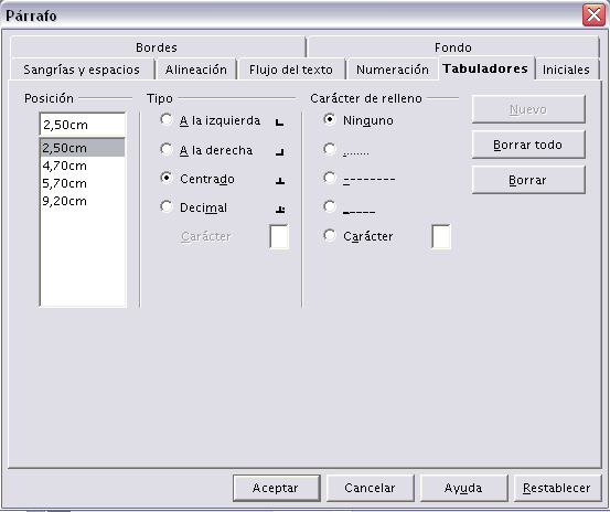 Di�logo Tabulaciones