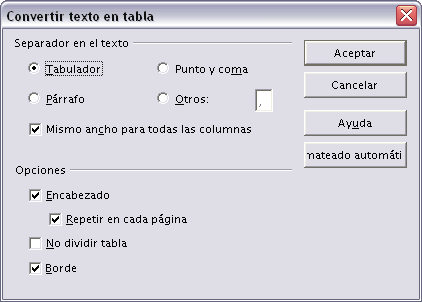 Convertir texto en tabla