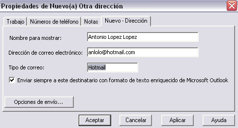 Propiedades de la nueva direccion