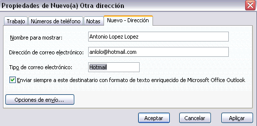 Propiedades de la nueva direccion