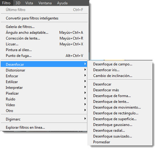 Listado de filtros en el menú Filtros